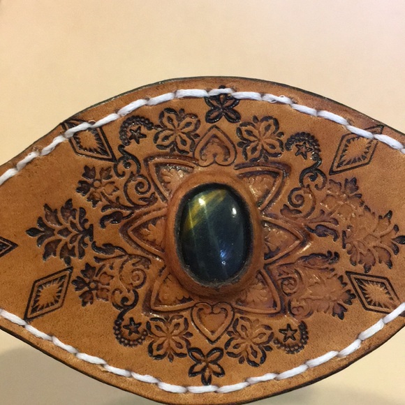 Boho Tooled Leather Cuff Bracelet Blue Tiger’s Eye Gemstone Inlay Mandala Style - Picture 7 of 9